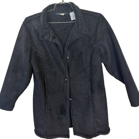 L.L. Bean Vtg Womens Black Lined Coat Jacket Faux Suede Large Petite Button Up - Picture 1 of 10